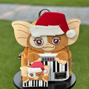 Loungefly Gremlins Santa Gizmo Piano Brown and Red Backpack and Wallet